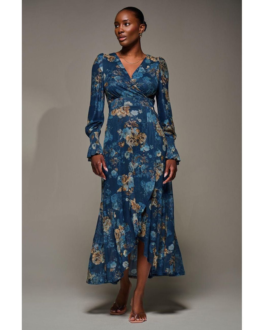 Jolie Moi Blue Long Sleeve Frill Hem Mesh Maxi Dress