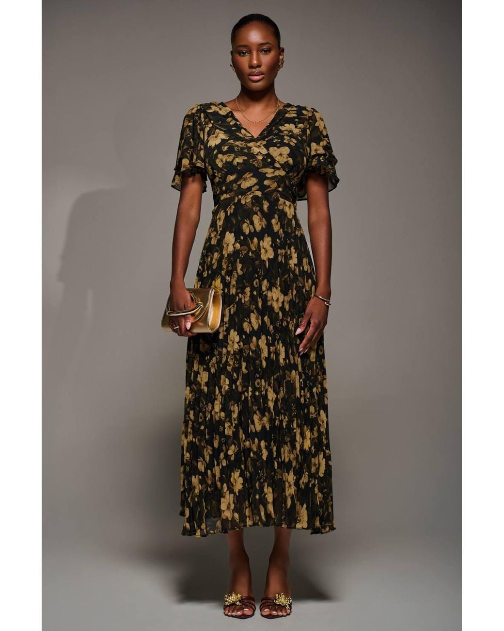 Jolie Moi Brown Chiffon Ruffle Sleeve Pleated Maxi Dress