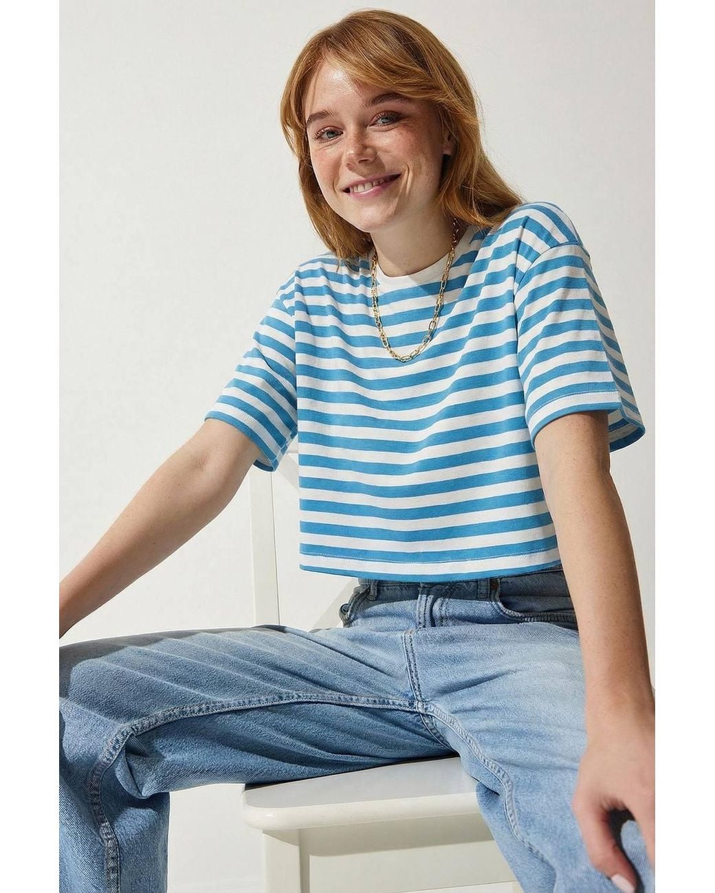 Happiness İstanbul Blue Oversized Striped Crop Crew-Neck T-Shirt