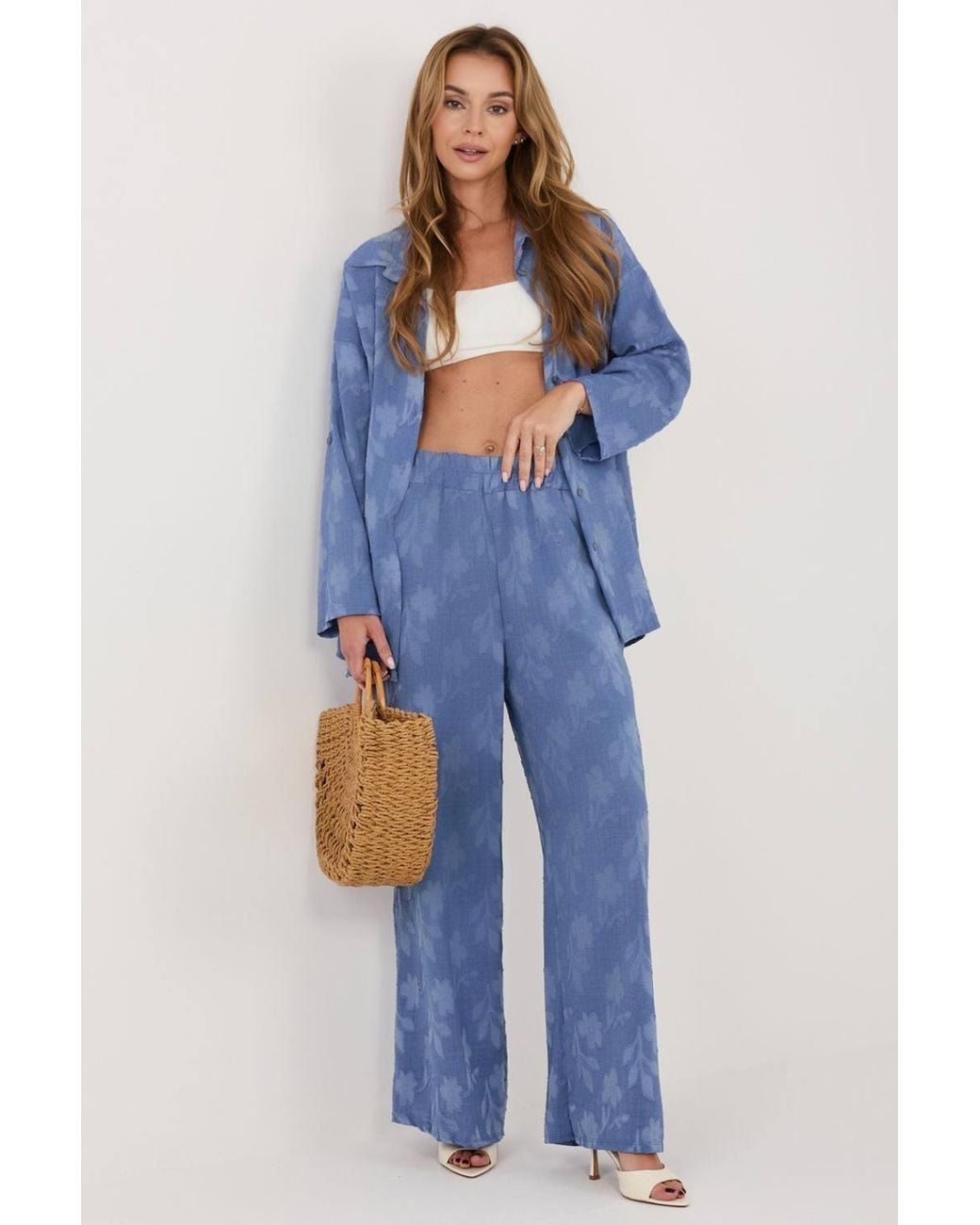 Love Lace Blue Long Sleeve Collared Shirt & Pant Set
