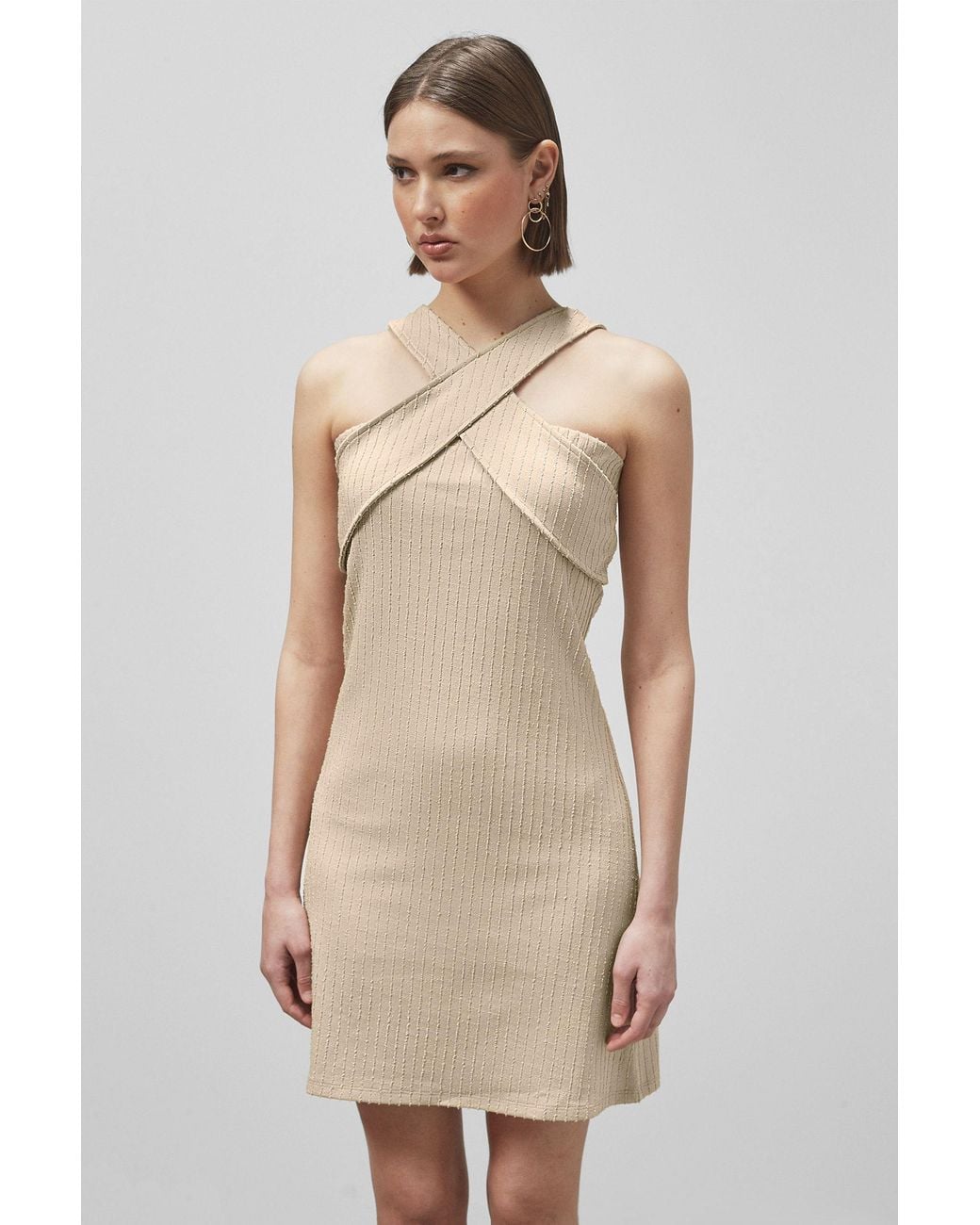 Enorsia Natural Cross Front Halter Neck Dress