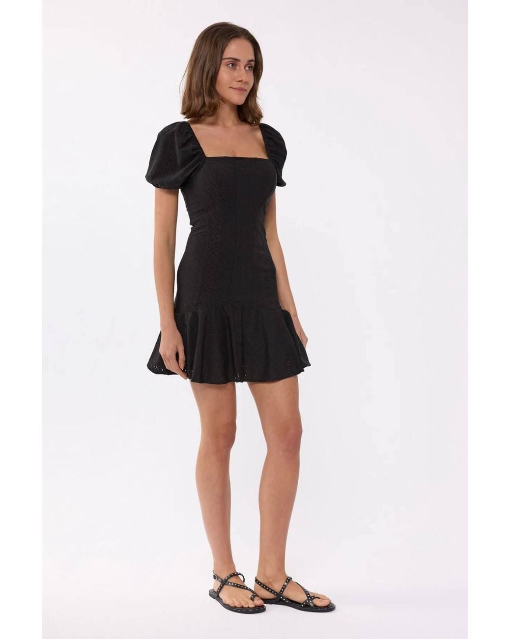 Hiccup Black Short Sleeve Square Neck Mini Dress With Balloon Sleeves