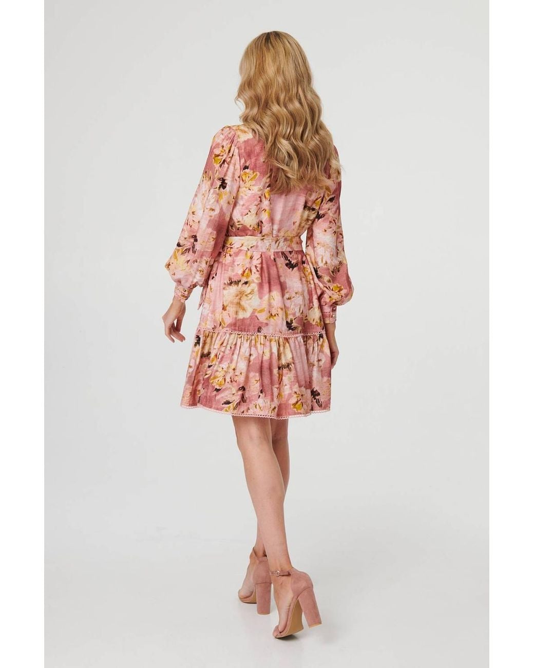 Izabel London Pink Floral Long Sleeve Short Shirt Dress