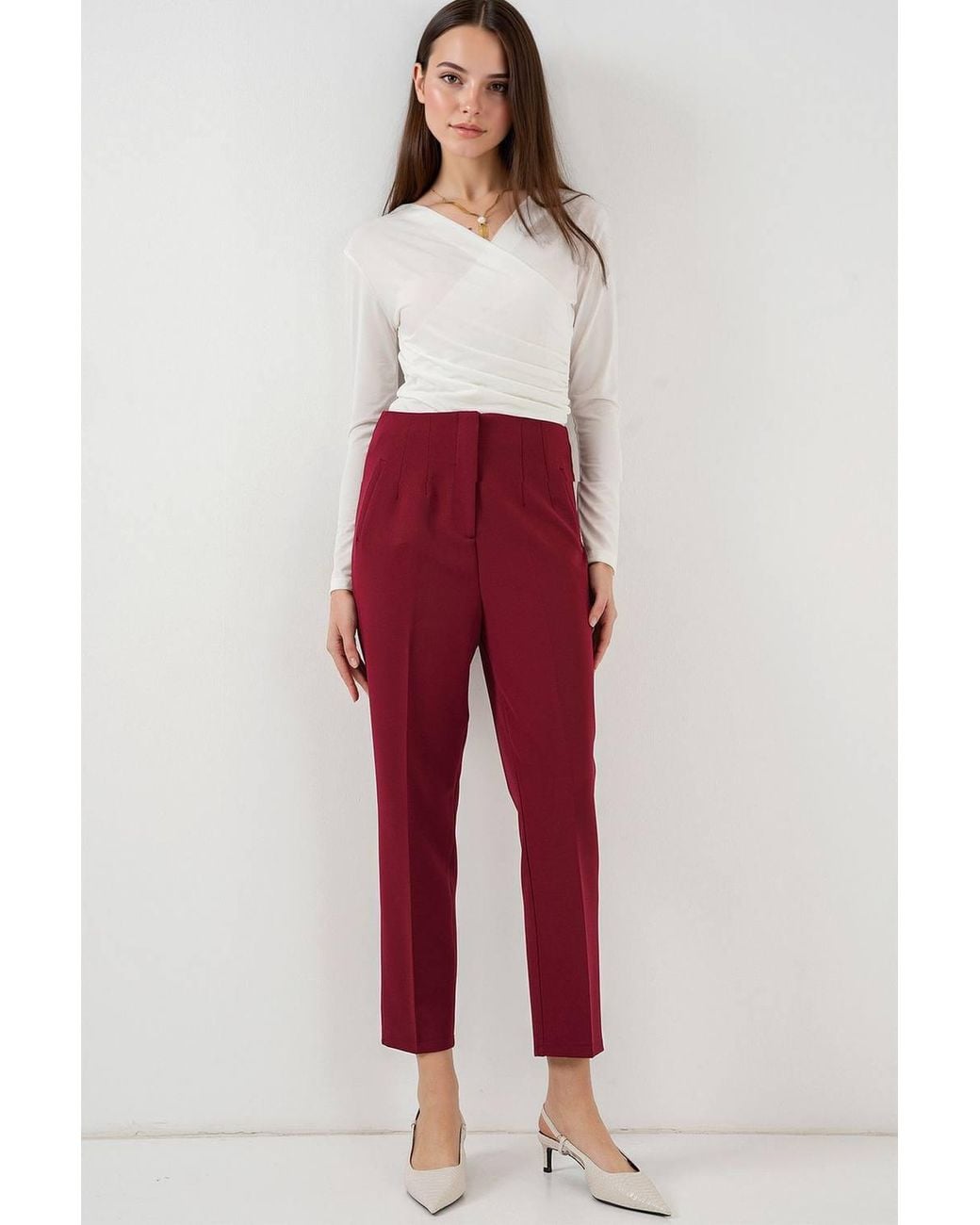 Bigdart Red High Waist Slim Fit Ankle Length Crepe Pants