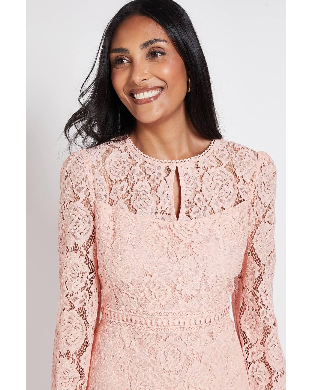 Wallis Pink Petite Lace High Neck Ruffle Midi Dress