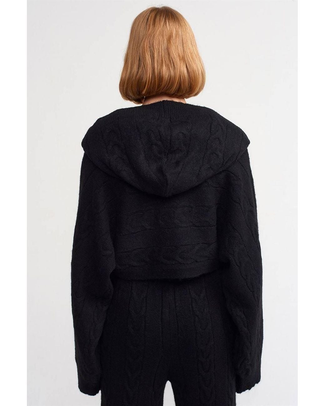 Dilvin Blue Oversized Cable Knit Crop Hooded Sweater