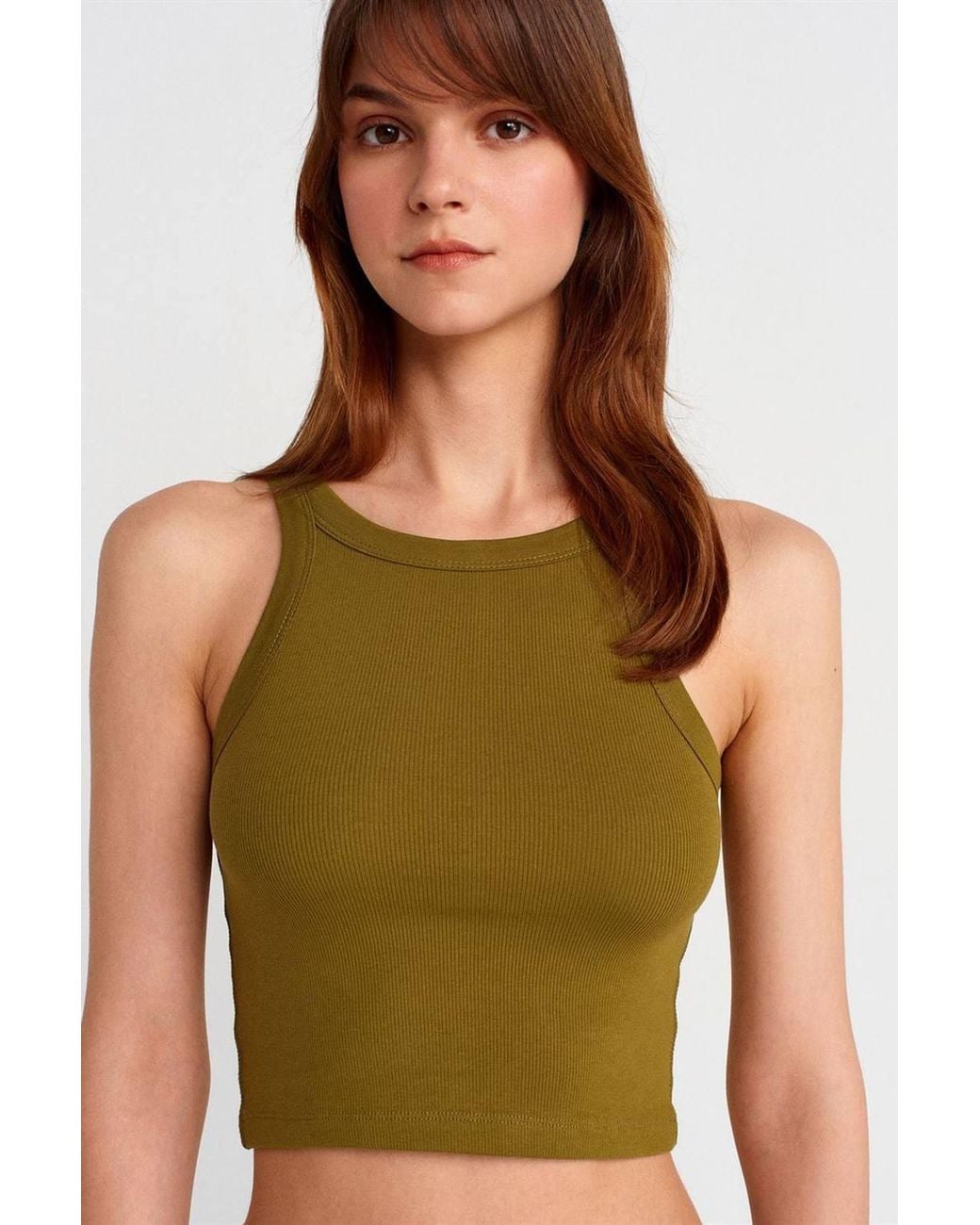 Dilvin Green Ribbed Cotton-Blend Sleeveless Crop Top