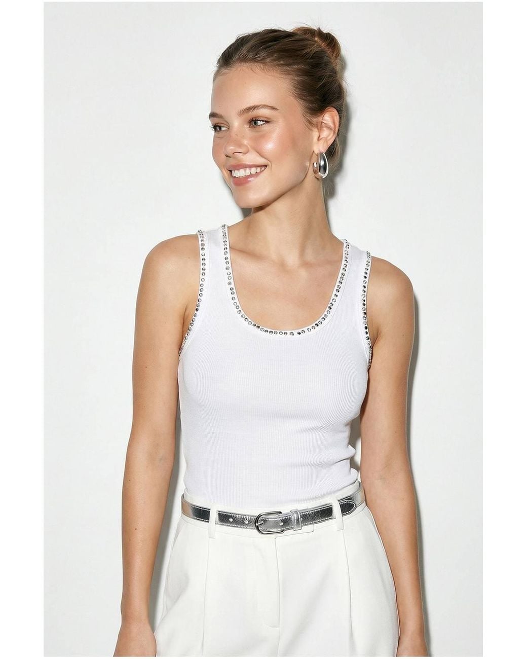 Bianco Lucci White Ribbed Cotton-Blend Fitted Cami Top