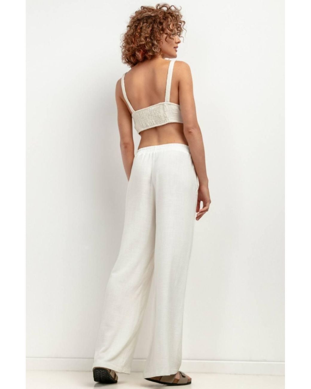 Love Lace White Summer Linen Elasticated Waist Wide Leg Trousers