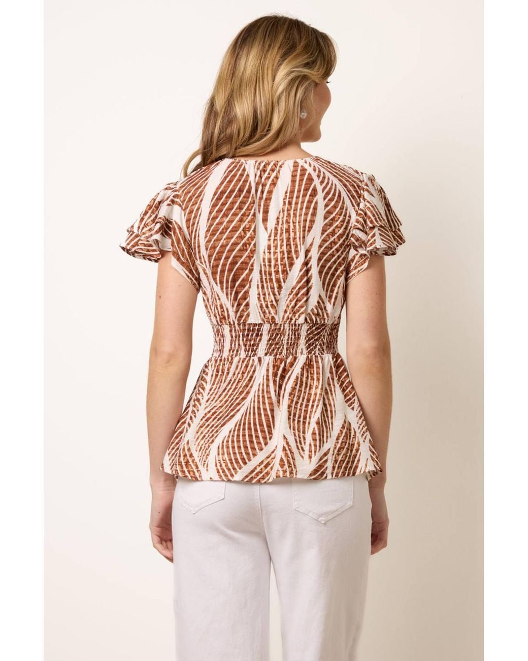 Blue Vanilla Brown Shirred Waist Short Sleeve V-Neck Top