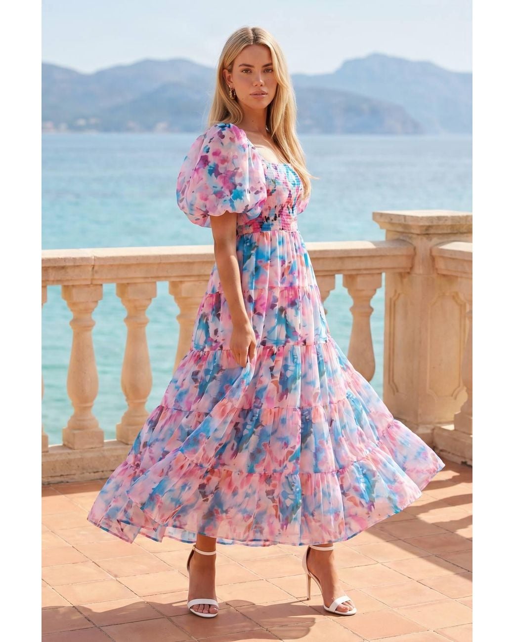 Style Cheat Blue Square Neck Puff Sleeve Midi Dress