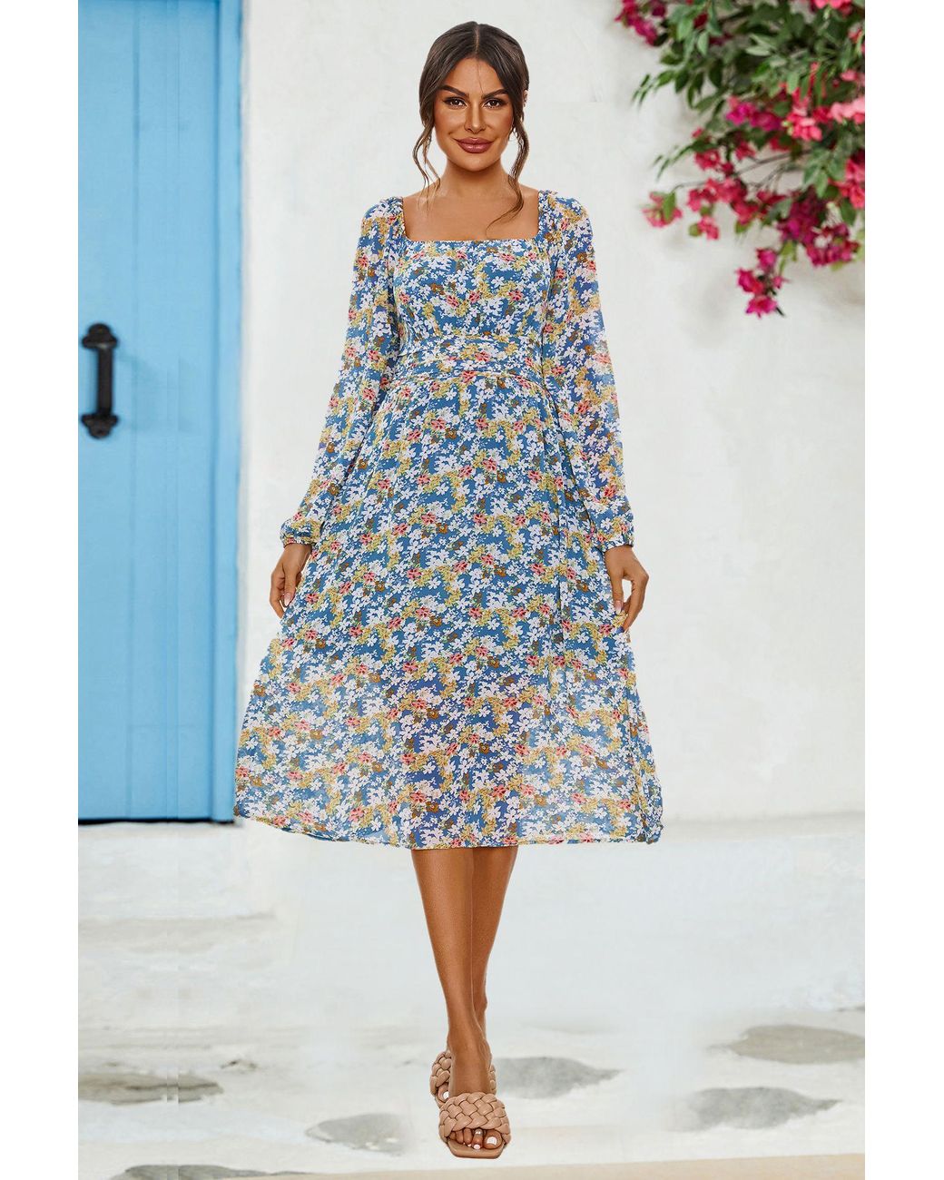 FS Collection Blue Floral Print Long Sleeve Maxi Dress