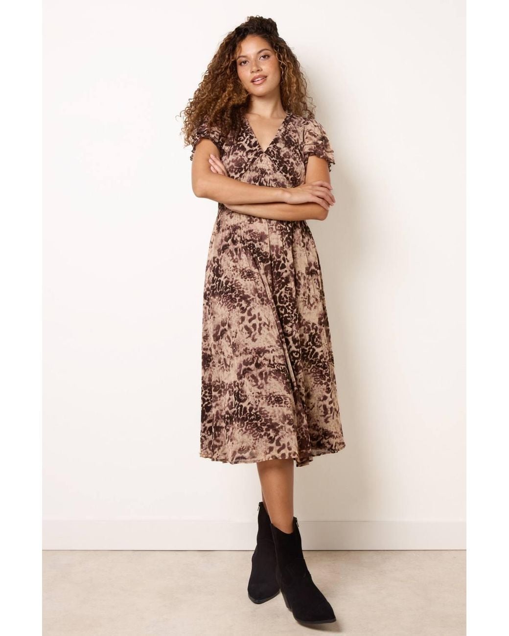 Blue Vanilla Natural Elasticated Waist Short Sleeve V-Neck Midi Dress