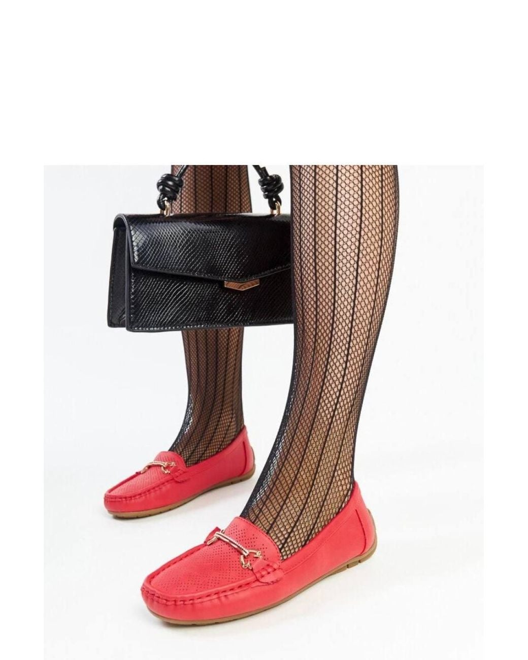 Love Lace Red Moccasin Slip On Flats With Drative Buckle & Rhinestones