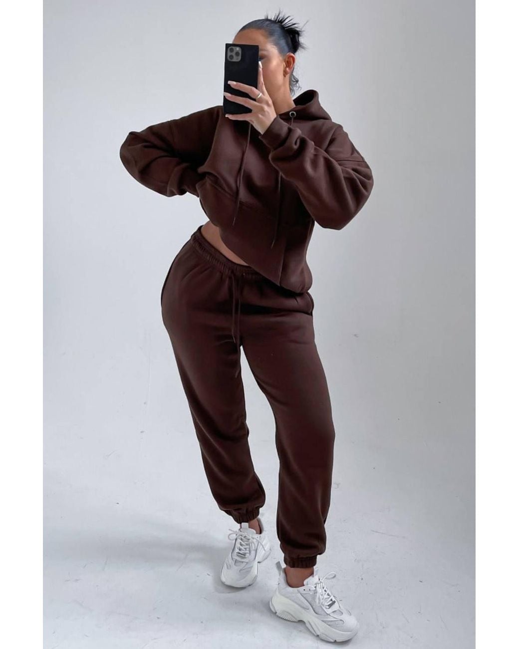 Femme Luxe Brown Oversized Front Pocket Pullover Hoodie Cuffed Joggers Loungewear Set