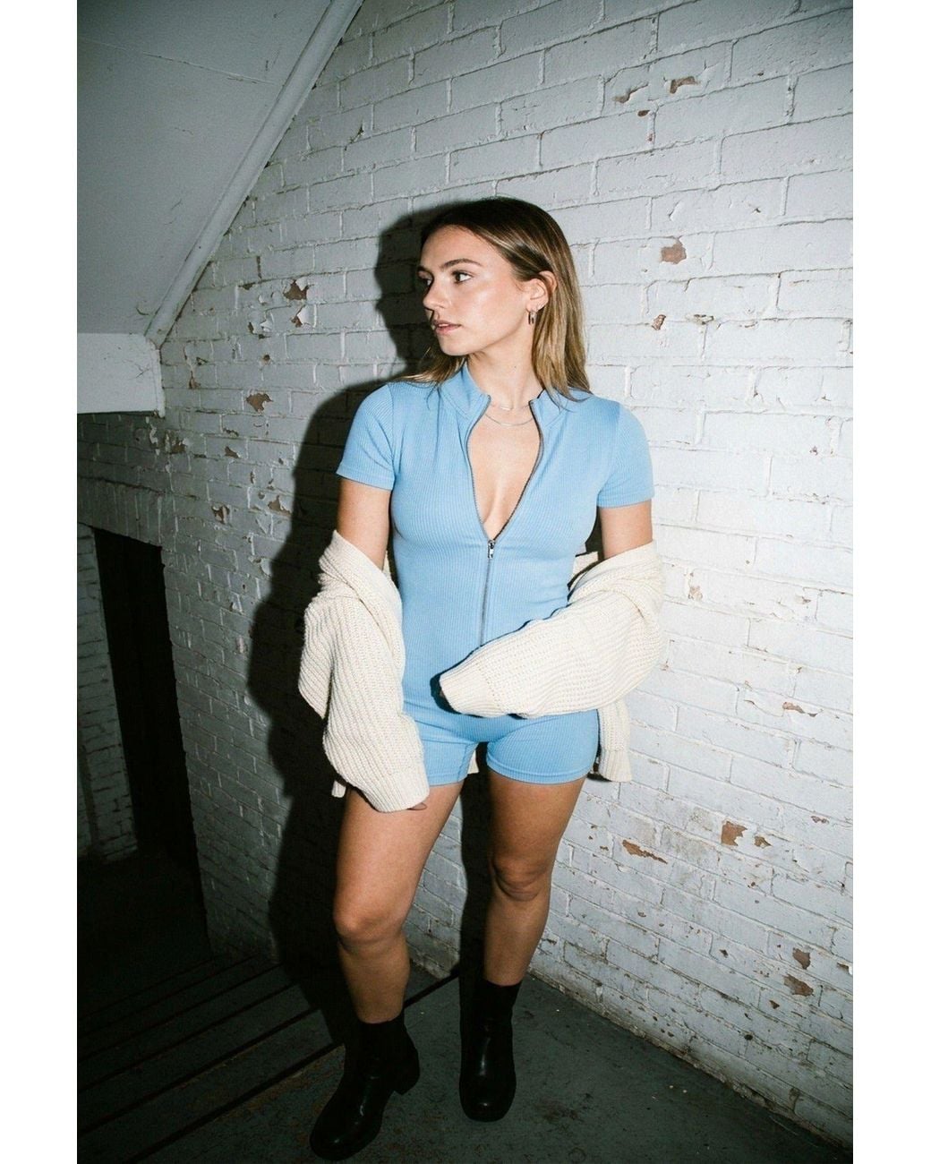 IKRUSH Blue Milena Rib Knit Zip Front Short Sleeve Playsuit