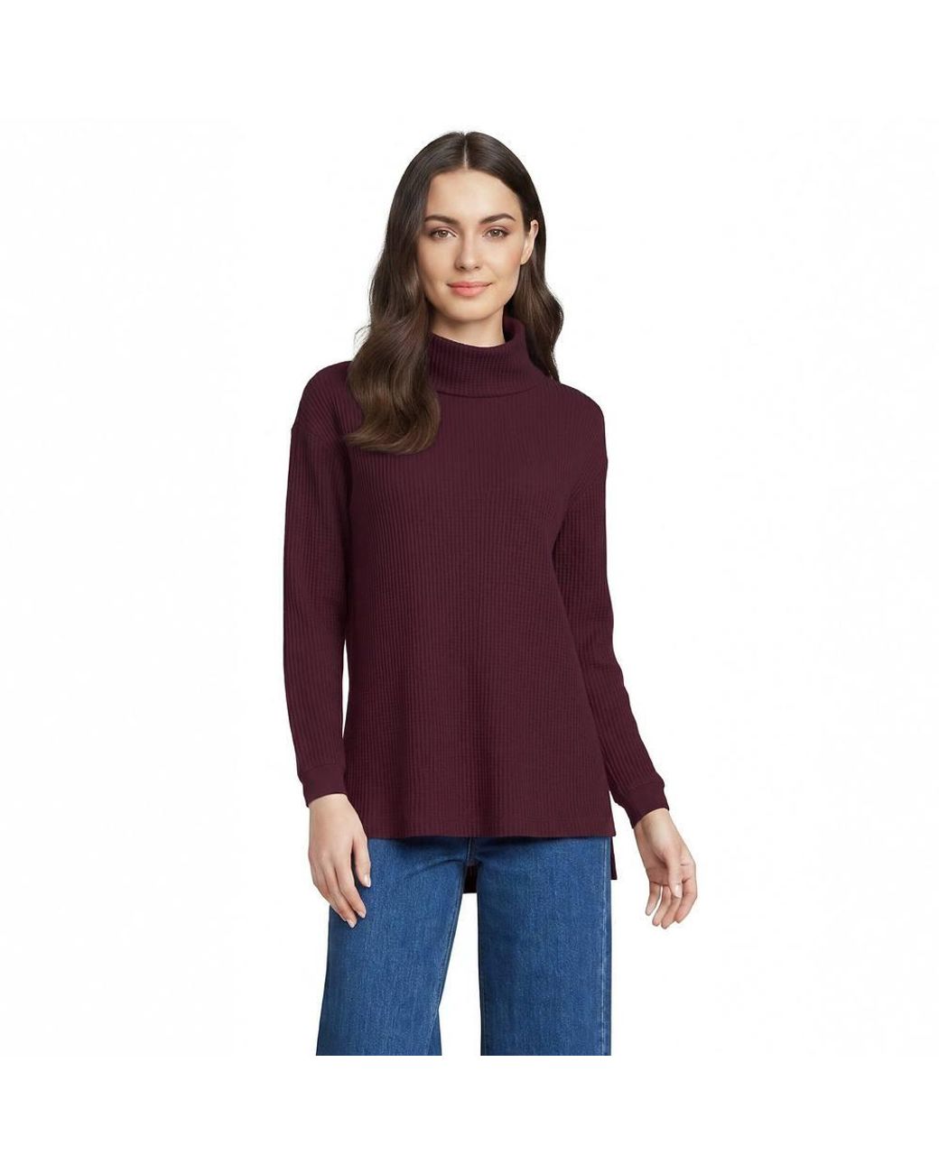 Lands' End Black Petite Long Sleeve Cowl Neck Waffle Tunic