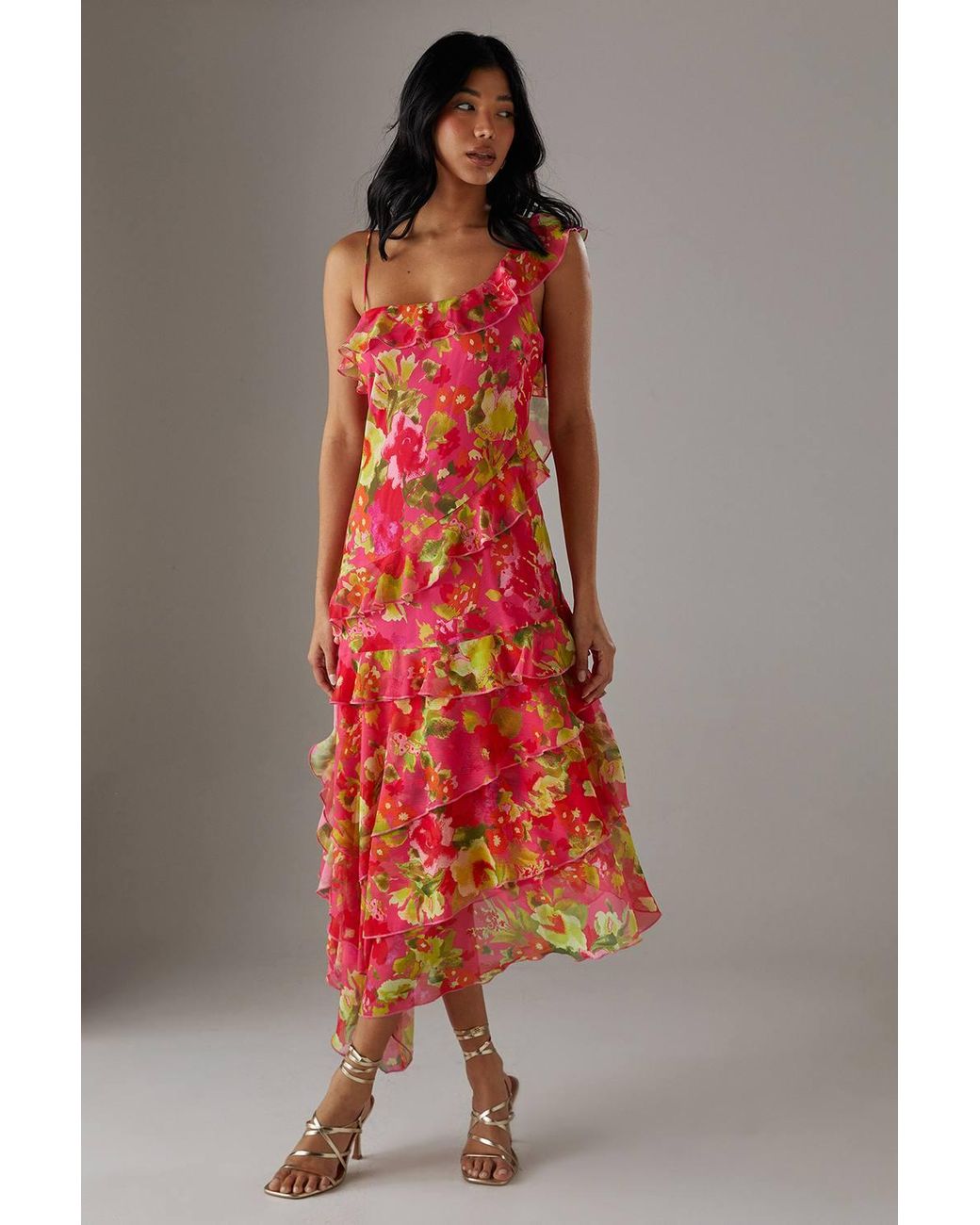 Warehouse Red Chiffon Asymmetric Hem Ruffle Midi Slip Dress