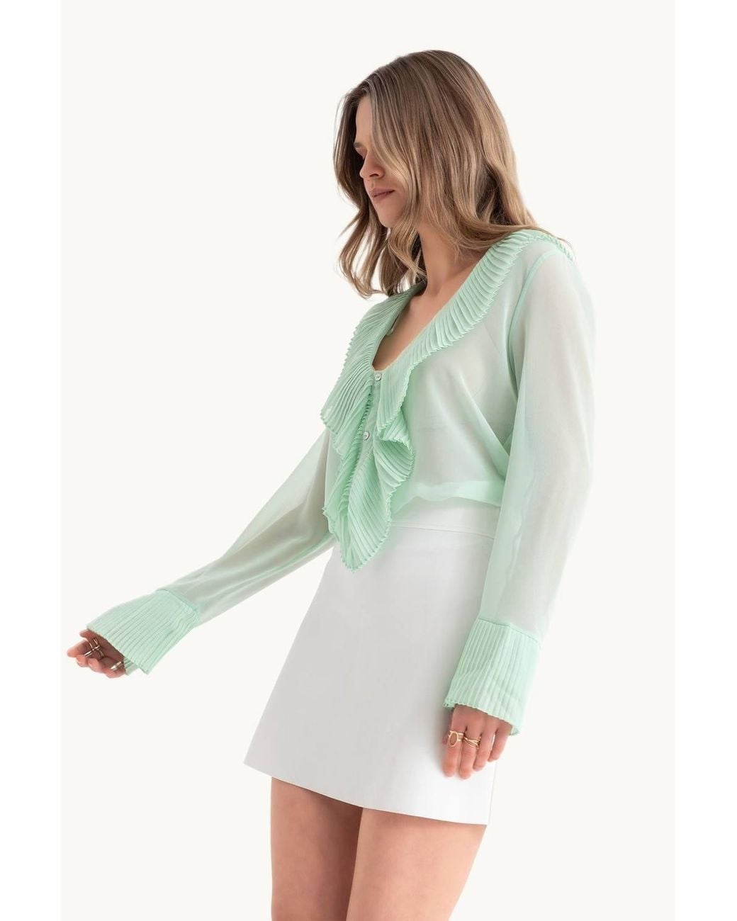 Hiccup Green V Neck Buttoned Bell Sleeves Mesh Blouse