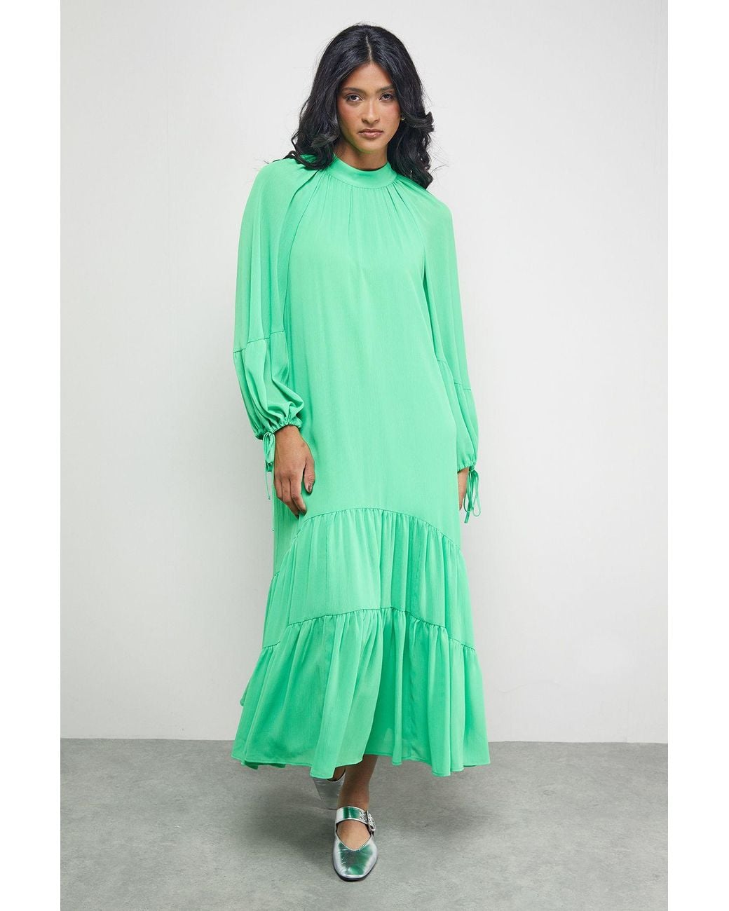 Warehouse Green Tony Chiffon High Neck Tier Smock Midi Dress
