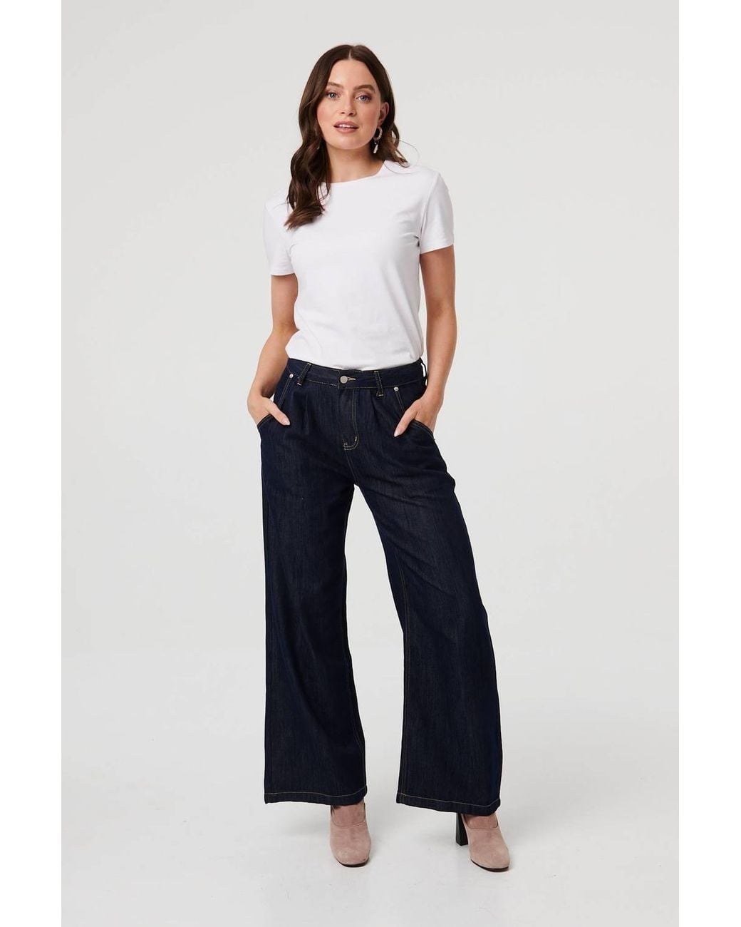Izabel London Blue High Waist Pleat Front Wide Leg Jeans