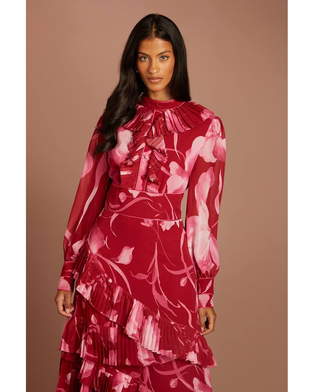 Coast Petite Printed Long Sleeve Pleated Tiered Midaxi Dress