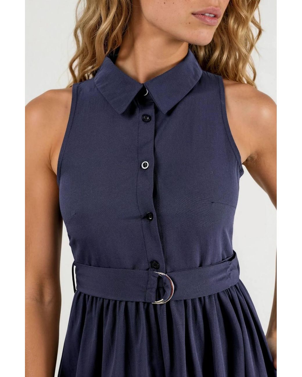 Busem Blue Belted Shirt Collar Midi Dress