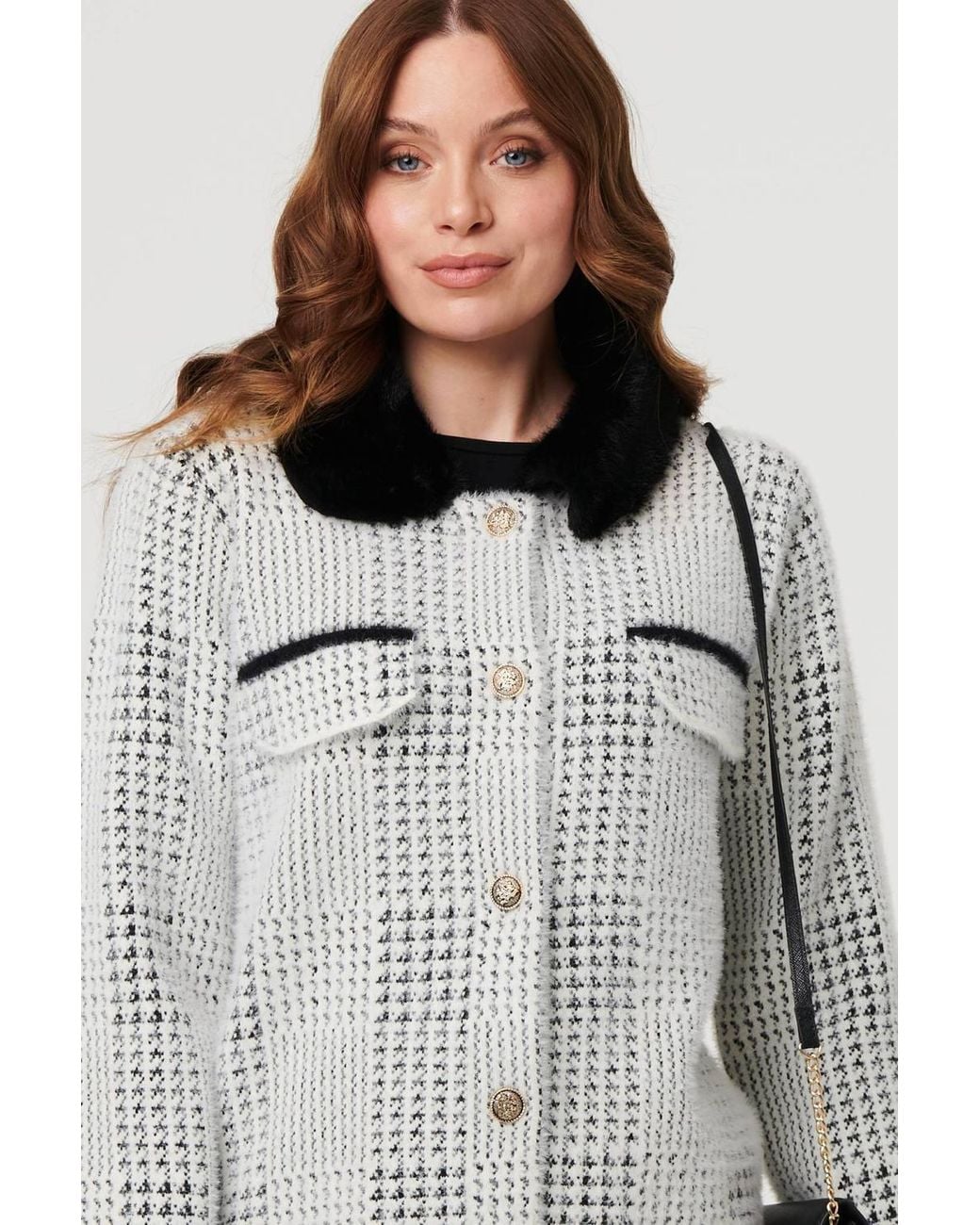 Izabel London Gray Checked Faux Fur Long Sleeve Jacket