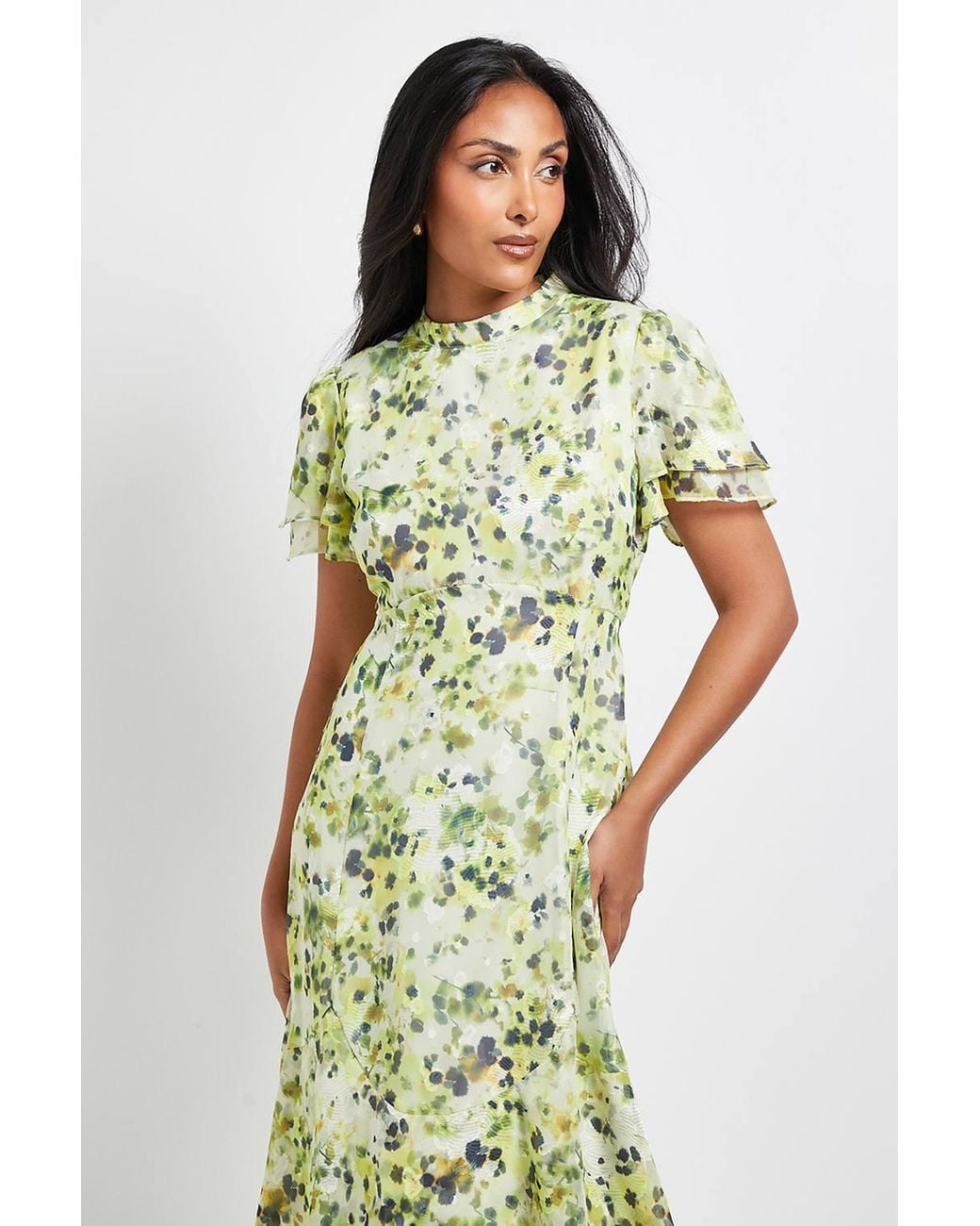 Wallis Green Petite Floral Burn Out Ruffle Midi Dress