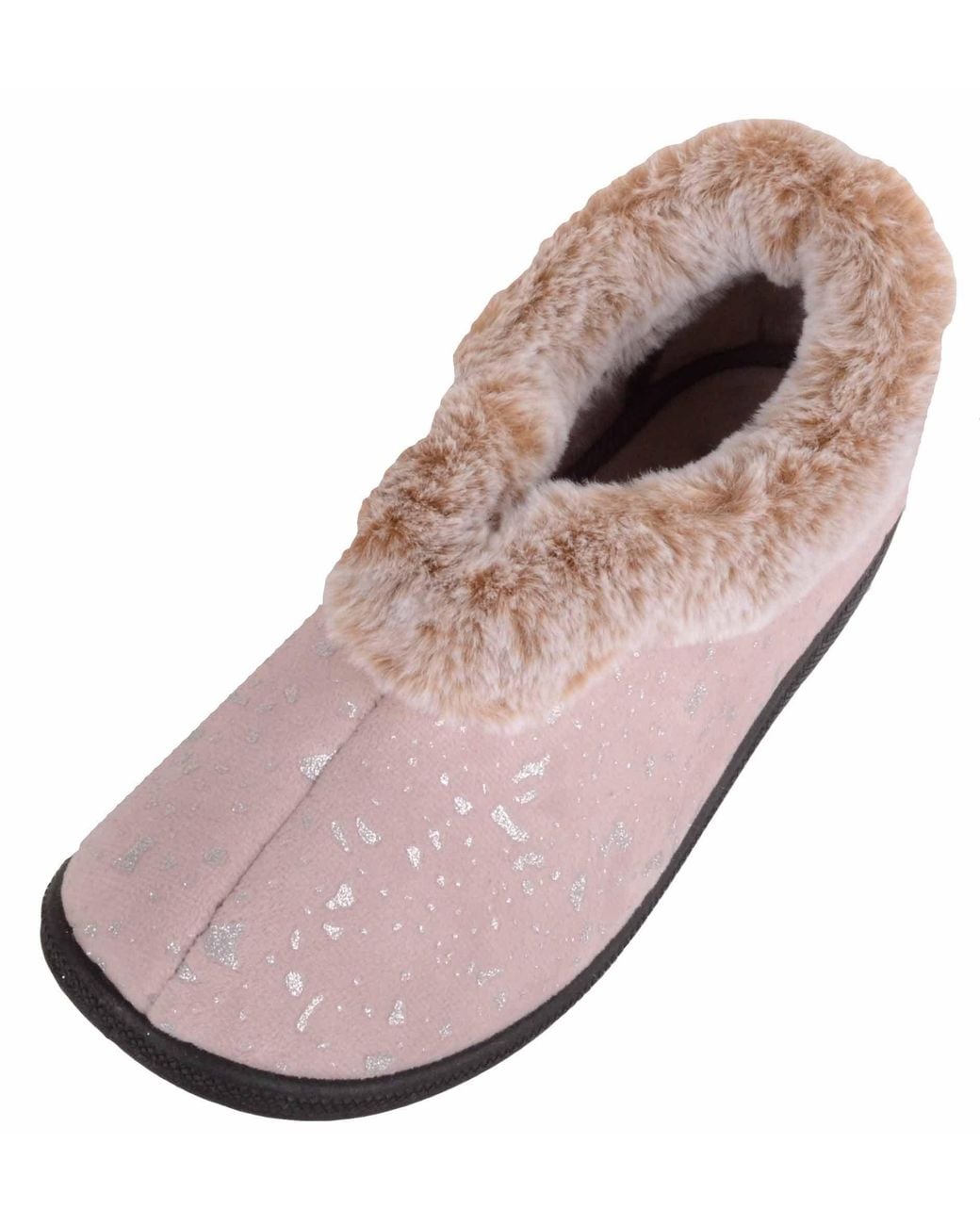 Absolute Footwear Pink Easy Slip On Velour Style Bootee Slipper With Faux Fur Collar