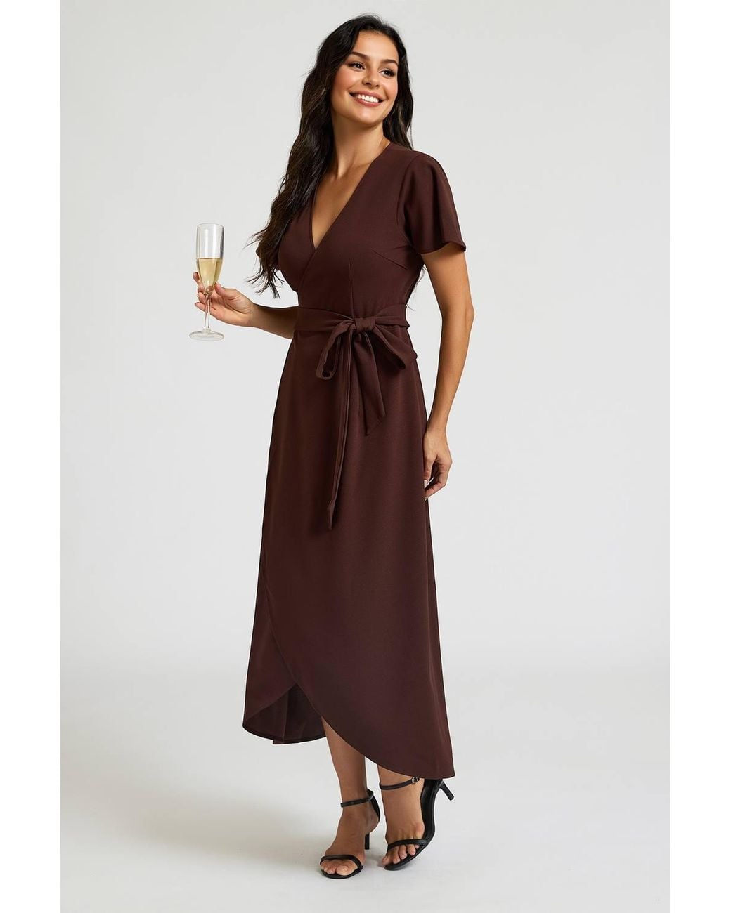FS Collection Brown Flutter Sleeve Wrap Front Midi Dress