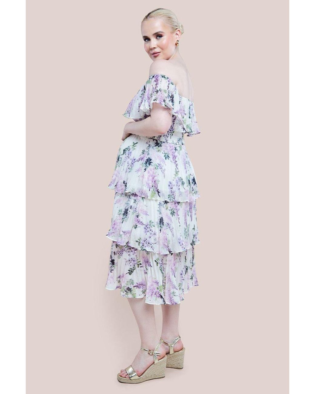 Goddiva Multicolor Maternity Shirred Chiffon Floral Bardot Midi Dress