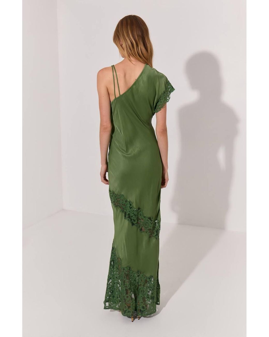 Warehouse Green Petite Premium Asymmetric Neckline Lace Panelled Maxi