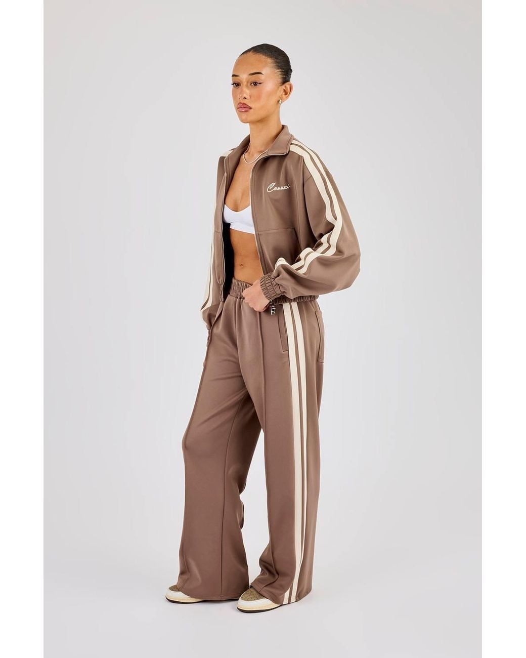 CERNUCCI Brown Taping Cropped Funnel Neck Jacket