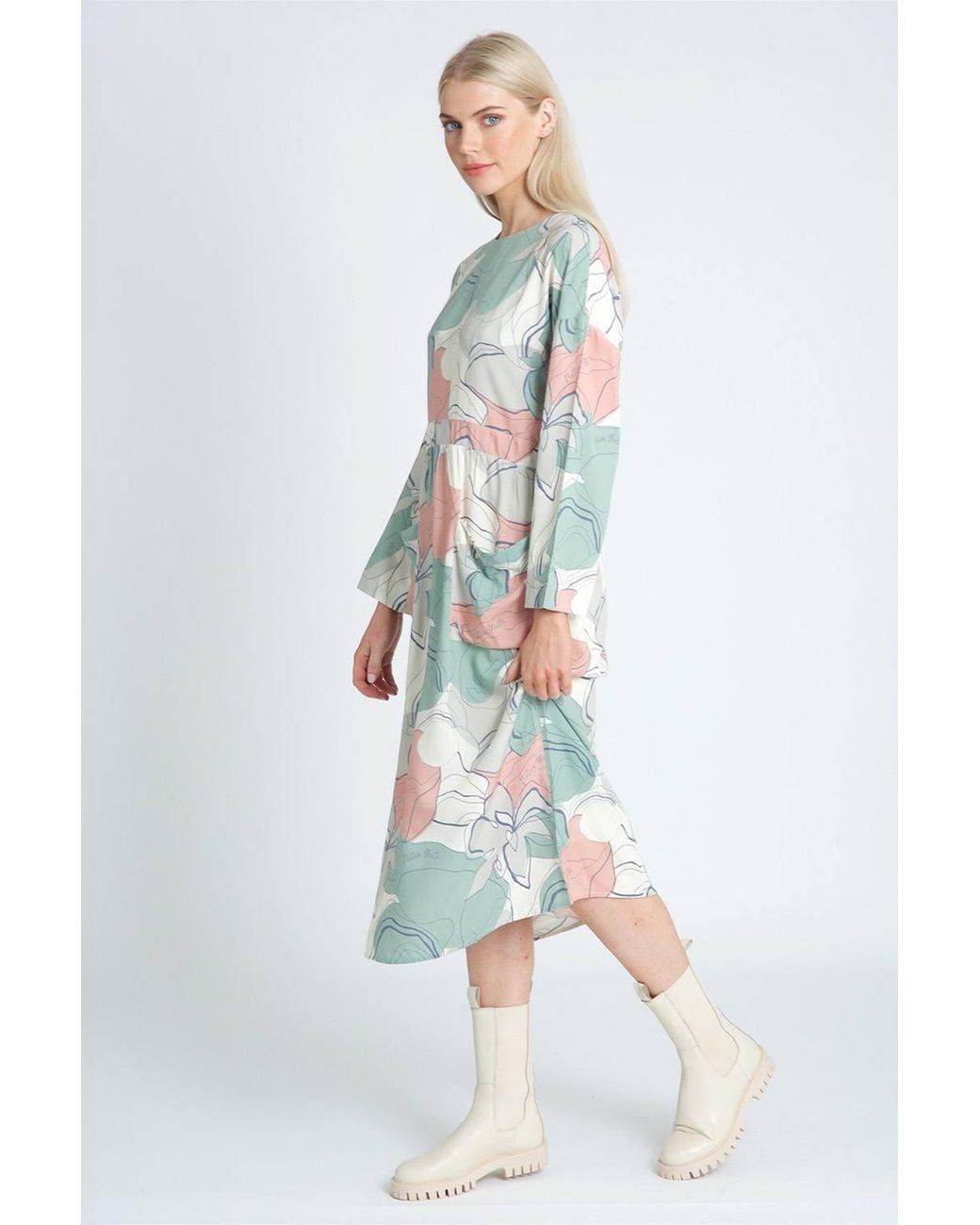 Native Youth White Floral Print Long Sleeve Relaxed Fit Midi Dress