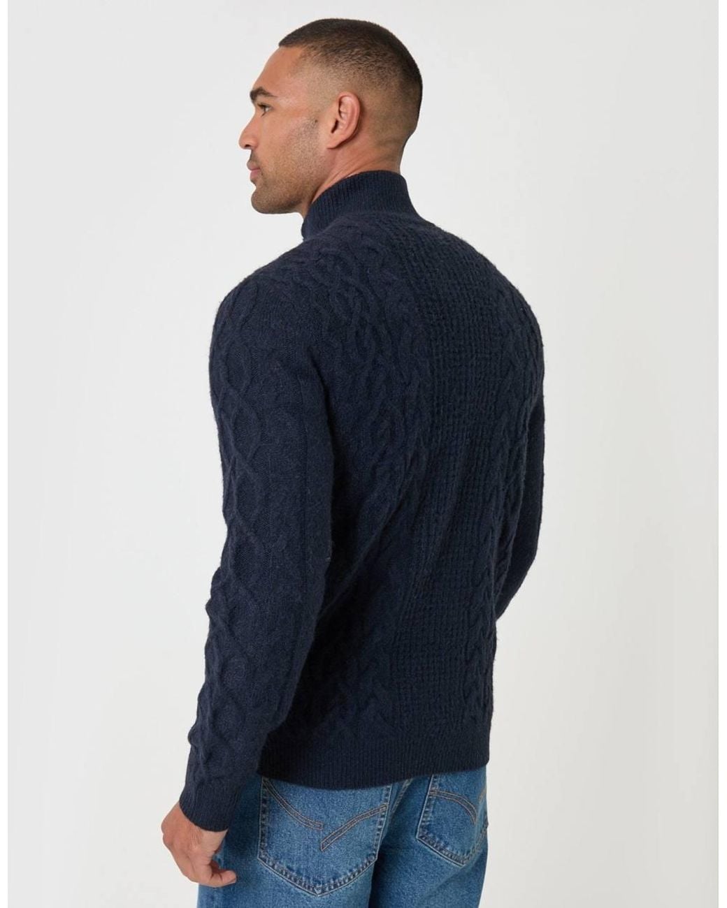 Threadbare Blue Cable Knit Quarter Zip Jumper for men