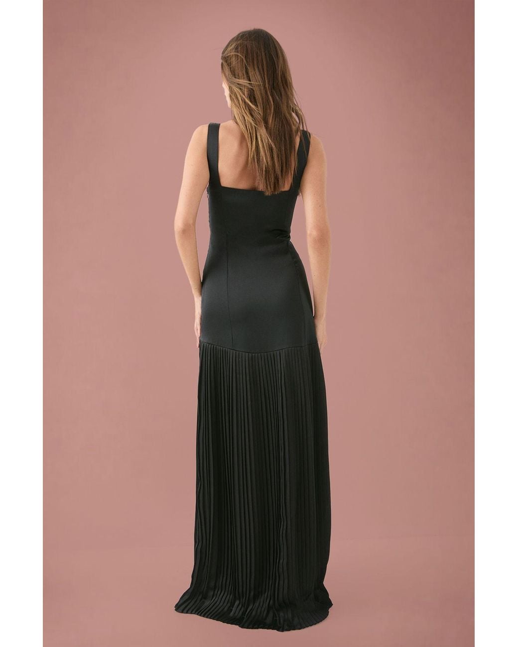 MissPap Black Premium Satin Square Pleated Skirt Dress