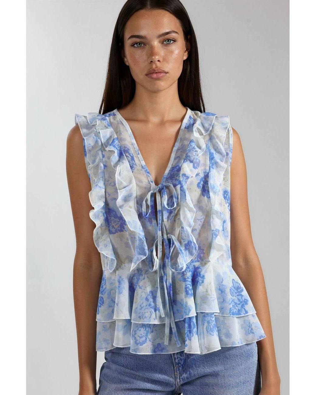 Hiccup Blue Floral V-Neck Chiffon Blouse With Tie Closure