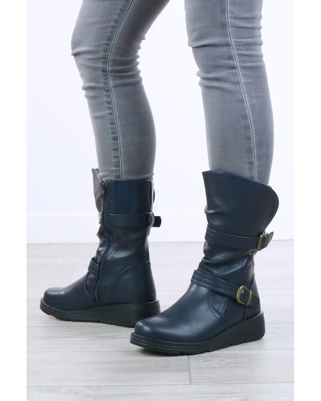 AJVANI Blue Low Wedge Biker Comfort Calf Boots