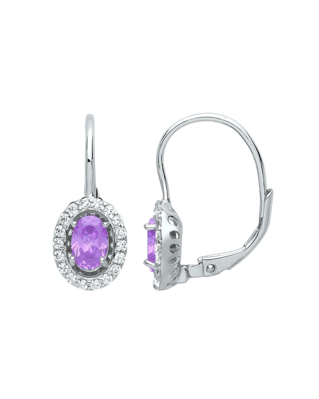Jewelco London Metallic Lilac Oval Cz Solitaire Halo Drop Earrings