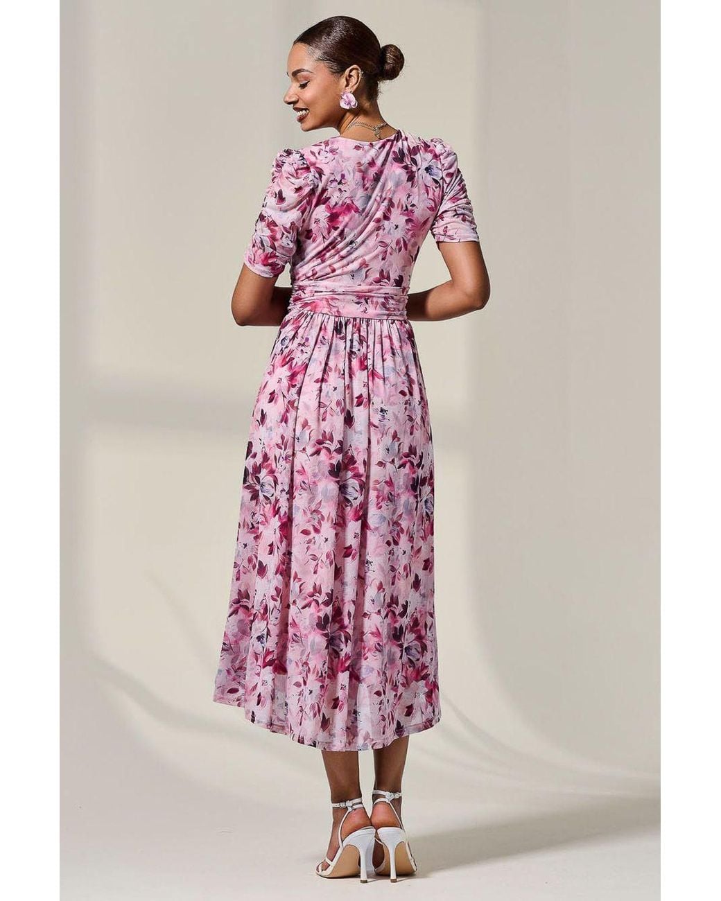 Jolie Moi Pink Petite Wrap Front Ruched Sleeve Midi Dress