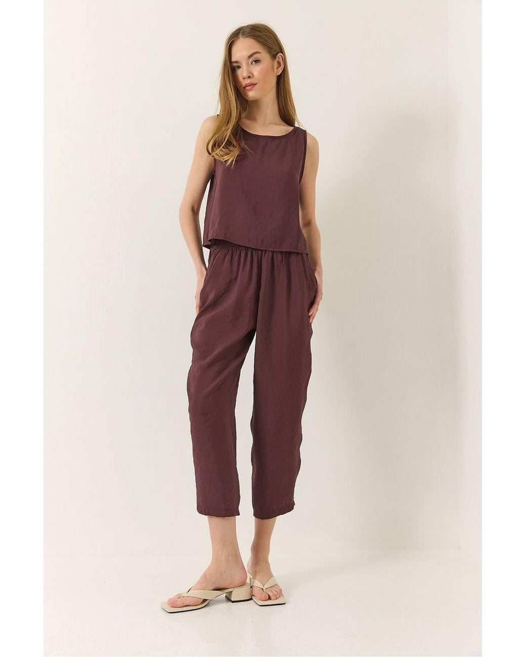 Bianco Lucci Red Sleeveless Crew Neck Blouse & Carrof Fıt Pants Set