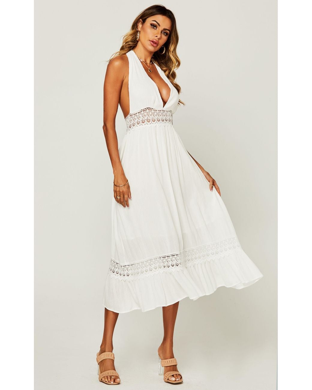 FS Collection Natural Lace Detail Adjustable Deep V Neckline Maxi Dress