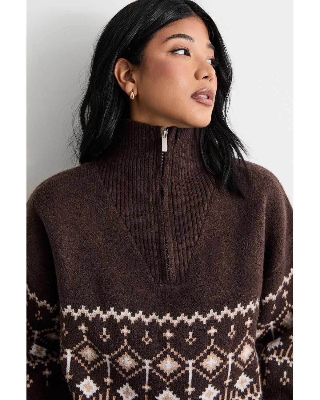 Warehouse Blue Fairisle Half Zip Jumper