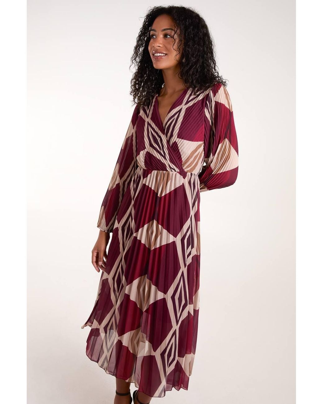 Blue Vanilla Red Wrap Front Pleated Geometric Maxi Dress