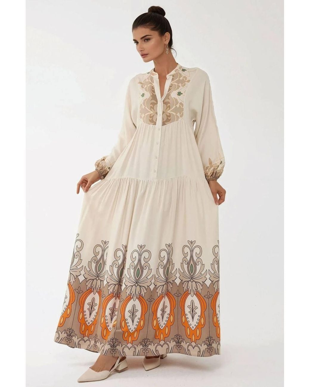 Hiccup Natural Printed Long Sleeve Viscose Maxi Dress