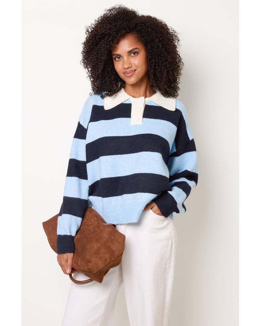 Blue Vanilla White Long Sleeve Button Up Collar Jumper