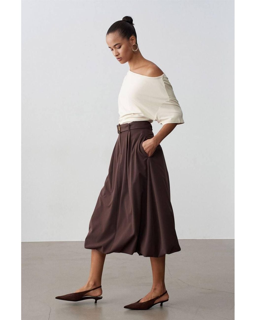 Dilvin Green High-Waist Belted Midi Balloon Skirt