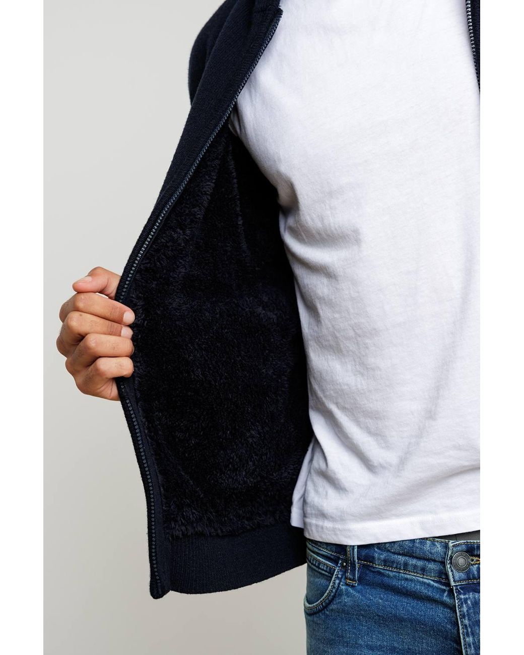 French Connection Blue Micro-Borg Fleece Zip Hoody for men