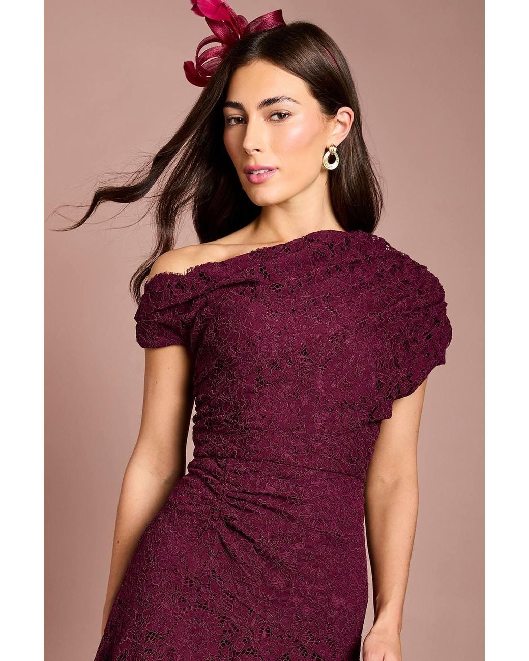 Coast Purple Off The Shoulder Lace Hi Lo Dress